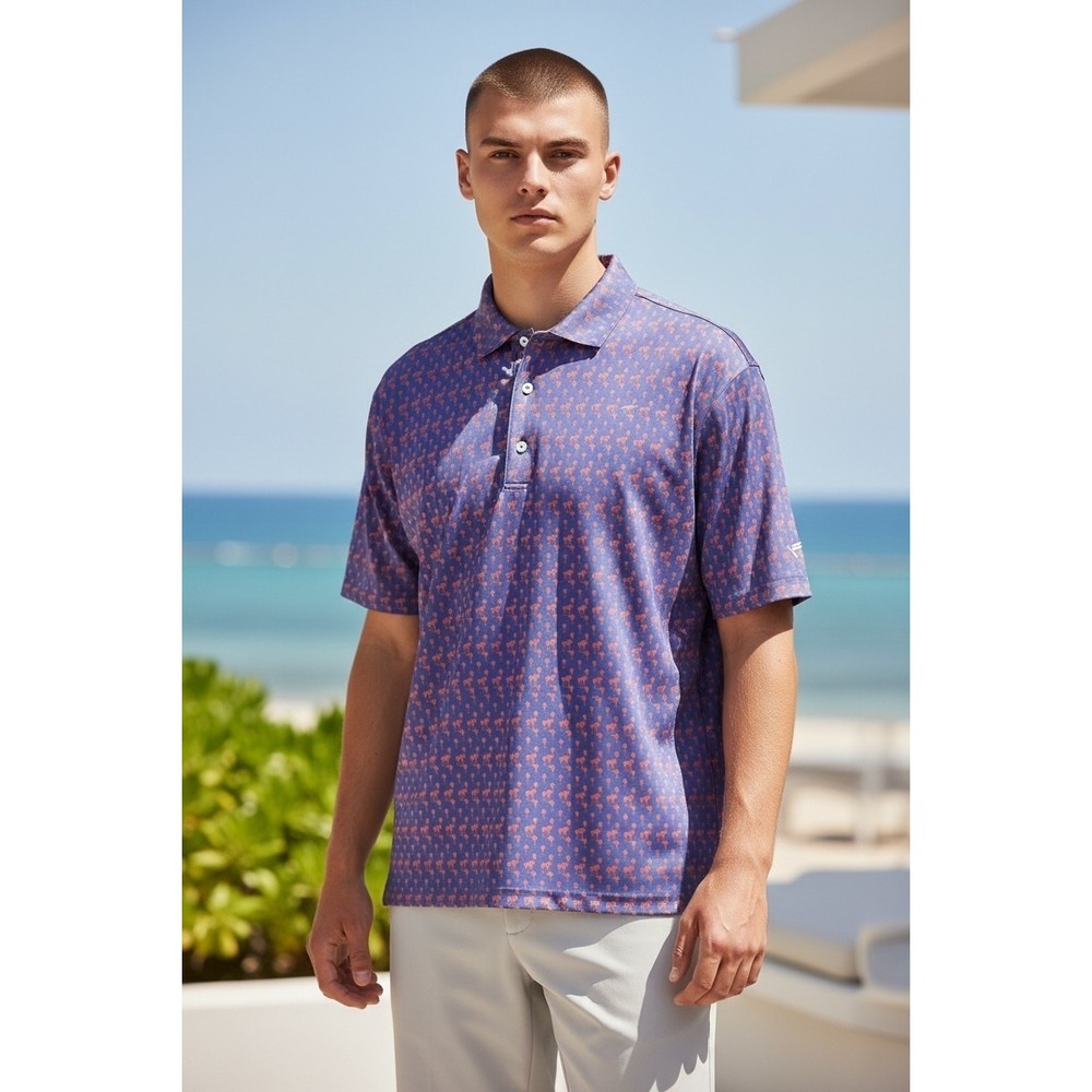 Turtleson Mens Blue Wine Glass Print Performance Golf Polo Shirt Size M Stretch